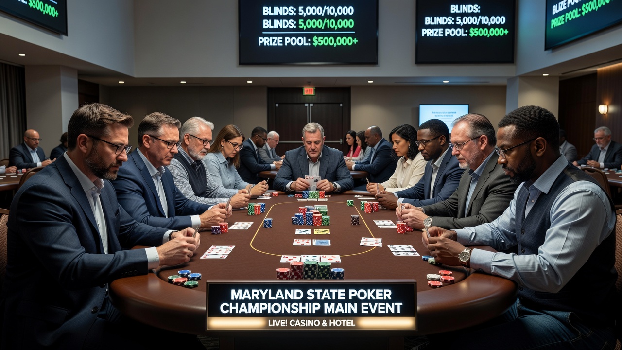 Final table action at the Maryland State Poker Championship with players negotiating the three-way deal